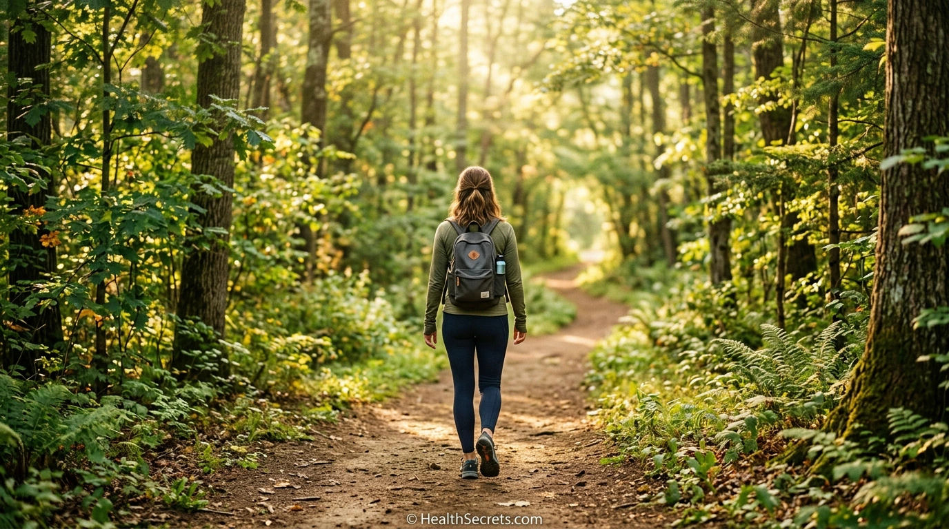 Person walking on nature trail in morning sunlight as a natural strategy for depression and mood support