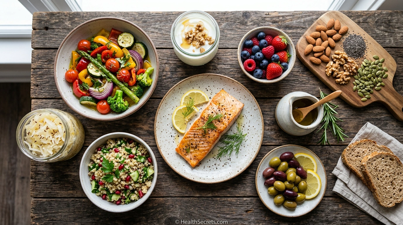 Mediterranean diet mood supporting foods including salmon vegetables olive oil nuts and fermented foods for depression