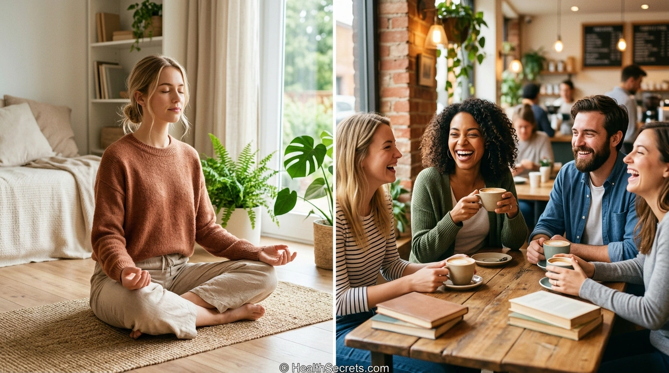 Split image showing mindfulness meditation and social connection as natural strategies for depression