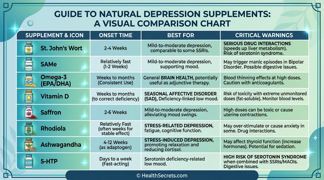 Visual comparison of natural depression supplements showing onset times best uses and safety warnings