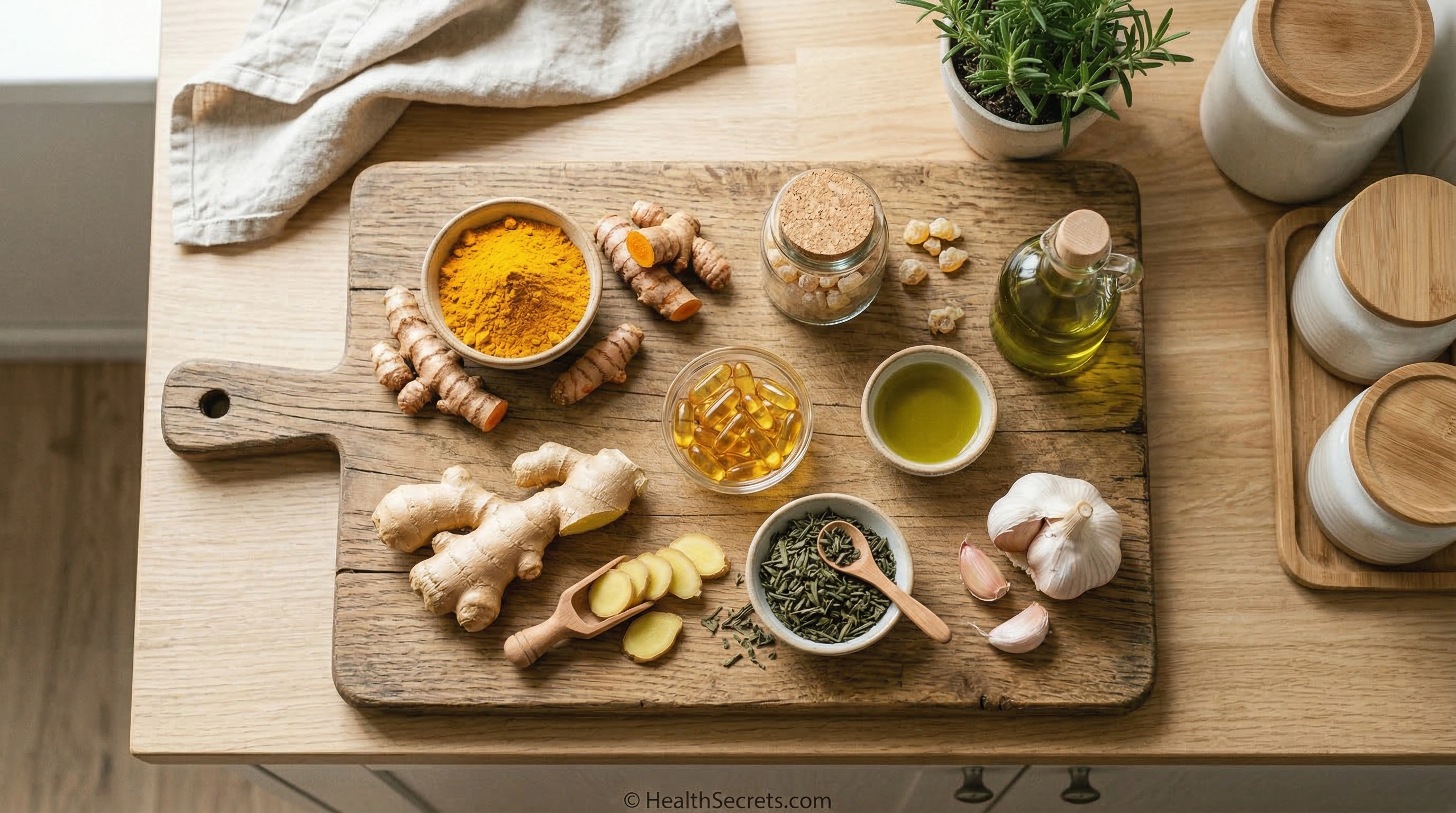 Natural anti-inflammatory herbs and supplements including turmeric ginger boswellia omega-3 capsules and green tea arranged on a kitchen cutting board