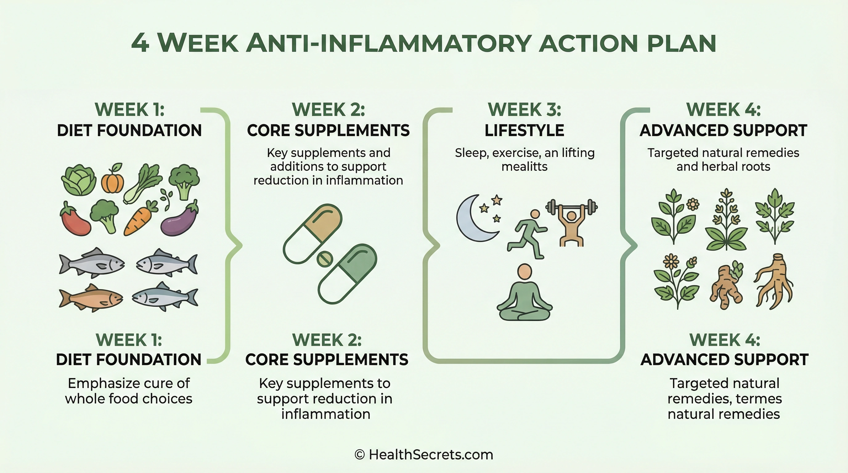 Four-week natural anti-inflammatory action plan infographic showing progressive phases from diet changes to supplements lifestyle optimization and advanced herbal support