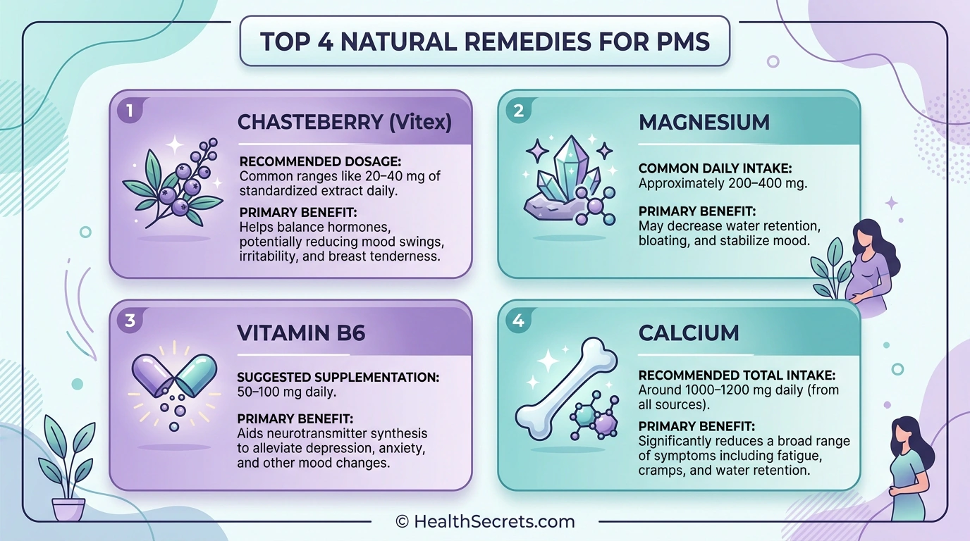 Infographic showing the four most effective natural remedies for PMS: chasteberry 20-40mg, magnesium 200-400mg, vitamin B6 50-100mg, and calcium 1000-1200mg with their primary benefits