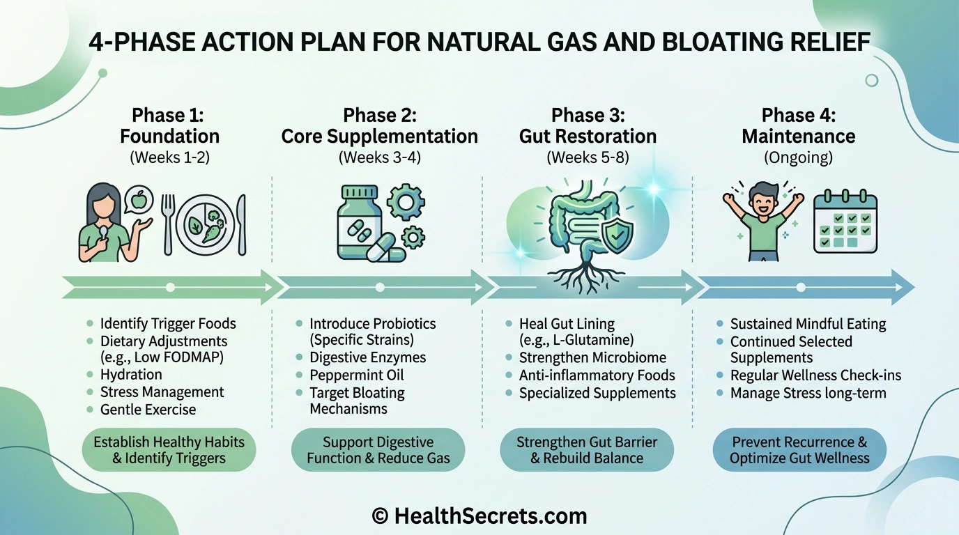 Four-phase action plan infographic for implementing natural gas and bloating remedies over 8 weeks