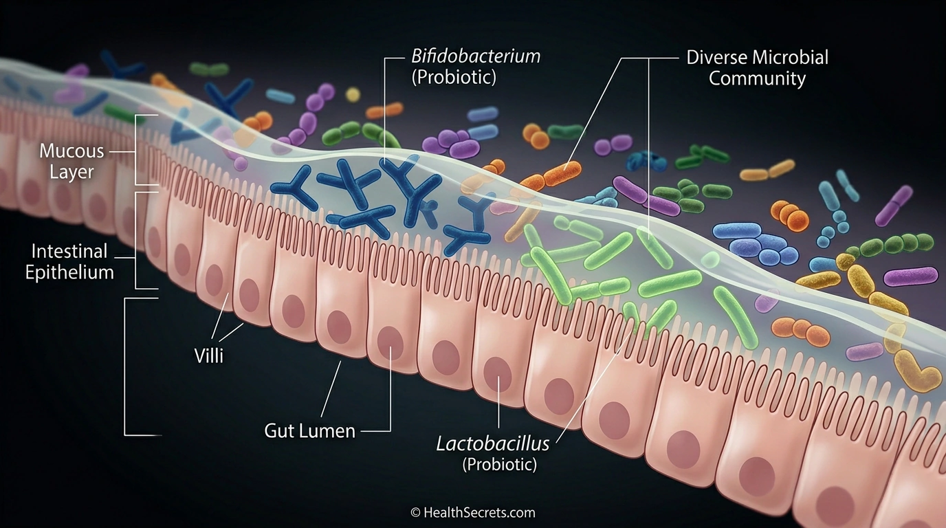 Gut microbiome illustration showing probiotic bacteria supporting digestive health and reducing bloating