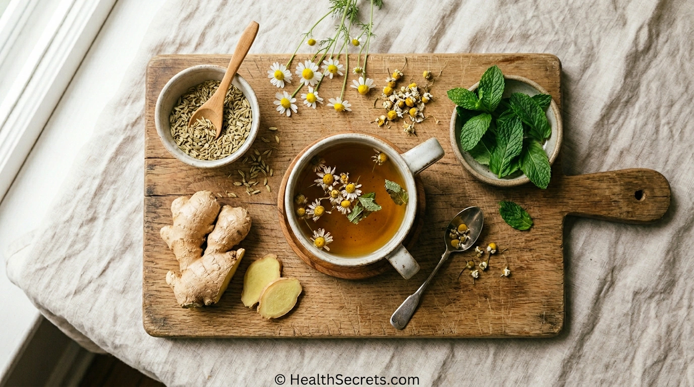 Natural remedies for gas and bloating including fennel seeds, ginger, chamomile, and peppermint arranged on a wooden board