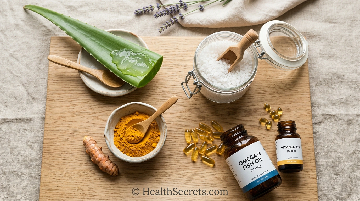 Natural remedies for psoriasis including omega-3 capsules, turmeric, aloe vera, Dead Sea salt, and vitamin D arranged on wooden surface