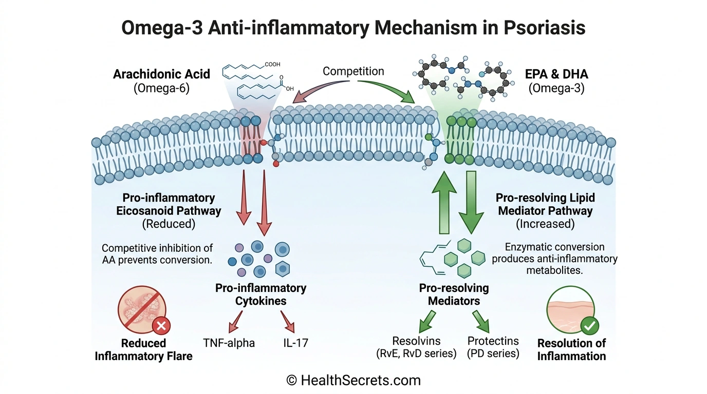 Illustration of omega-3 fatty acids reducing inflammation in psoriasis by competing with omega-6 arachidonic acid pathway