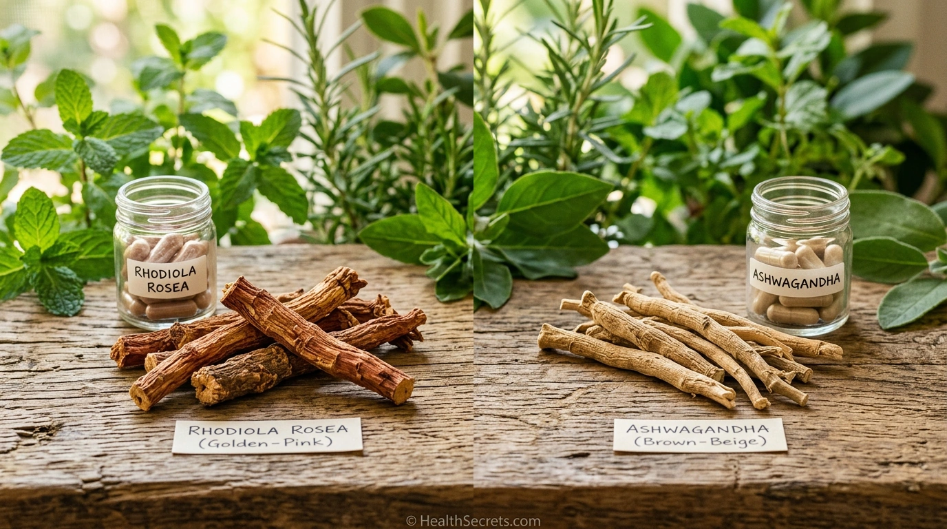 Rhodiola rosea root and ashwagandha root side by side with their supplement capsule forms for natural fatigue relief
