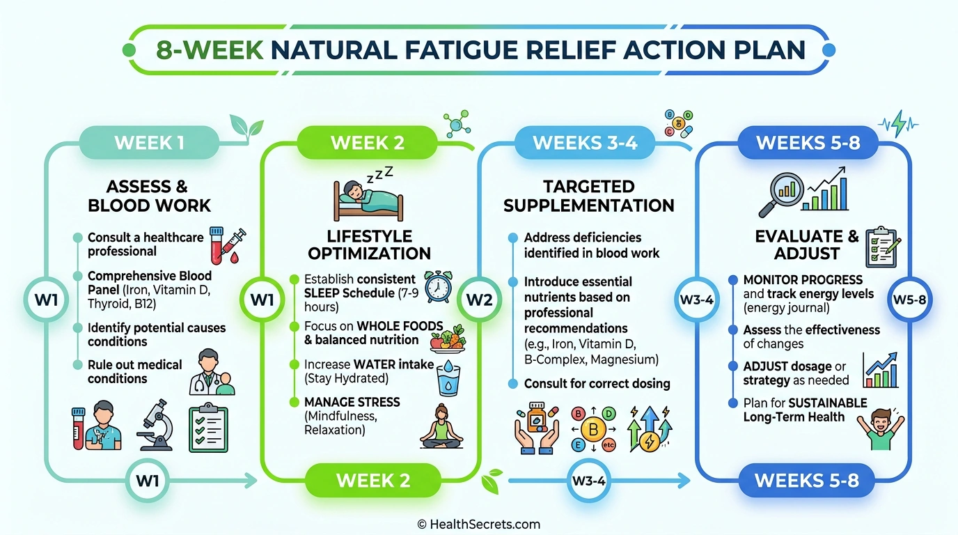 Eight-week timeline action plan for natural fatigue relief showing assessment, lifestyle changes, supplementation, and evaluation phases