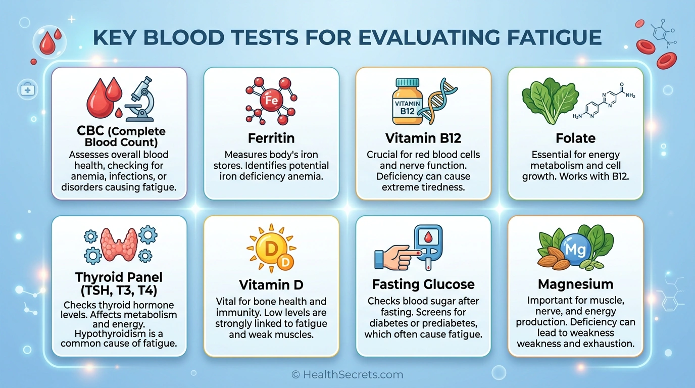 Infographic showing eight essential blood tests to request when evaluating chronic fatigue
