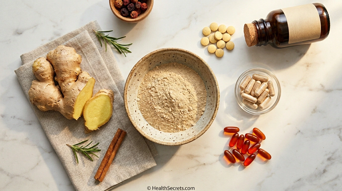 Natural remedies for fatigue including rhodiola rosea, ashwagandha, CoQ10, and B vitamin supplements arranged on a marble surface