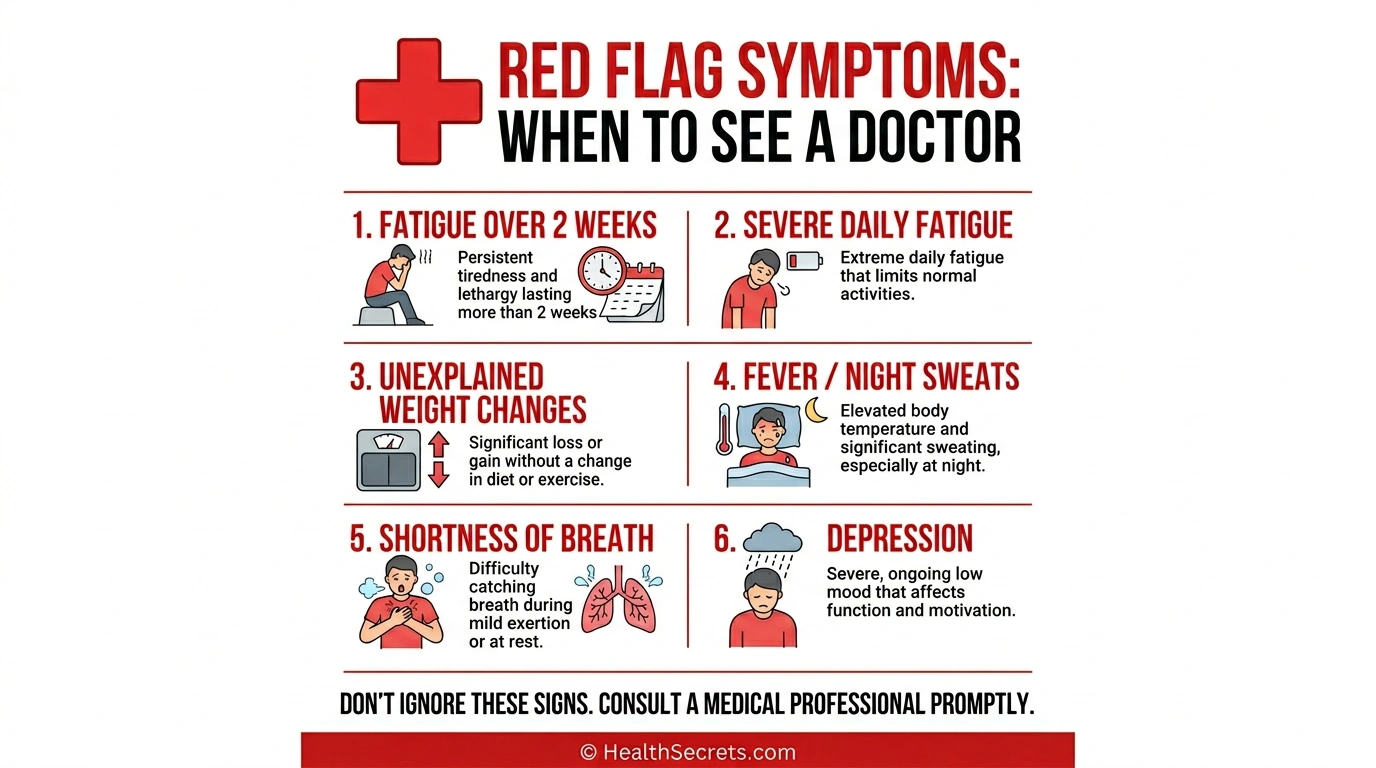 Warning signs infographic showing when to see a doctor for fatigue including persistent symptoms and red flag indicators