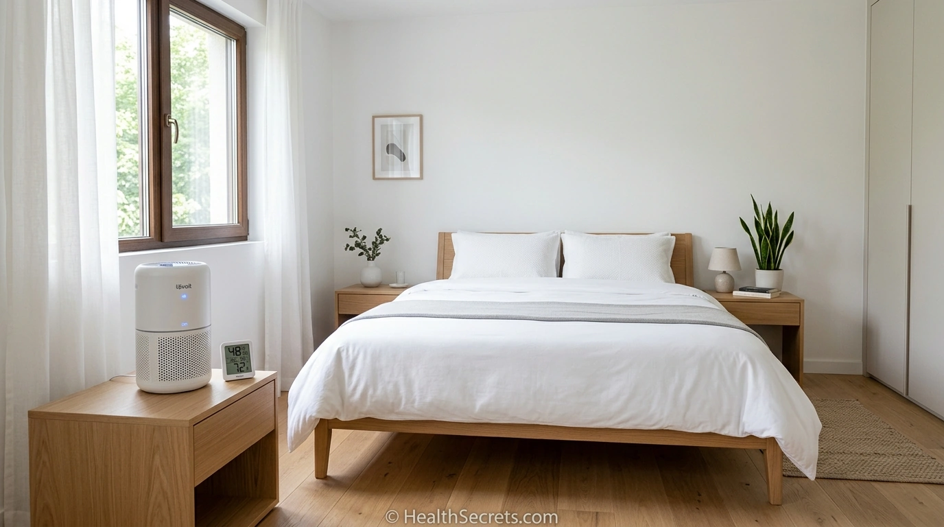 Bedroom optimized for asthma management with HEPA air purifier and allergen-proof bedding