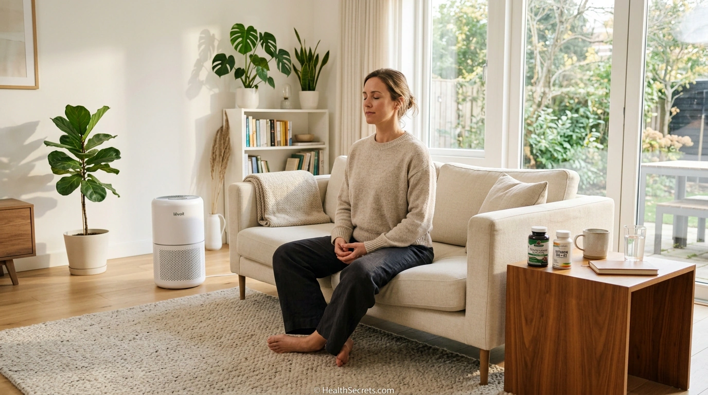 Person practicing breathing exercises for asthma management in a clean home with HEPA air purifier and supplements visible