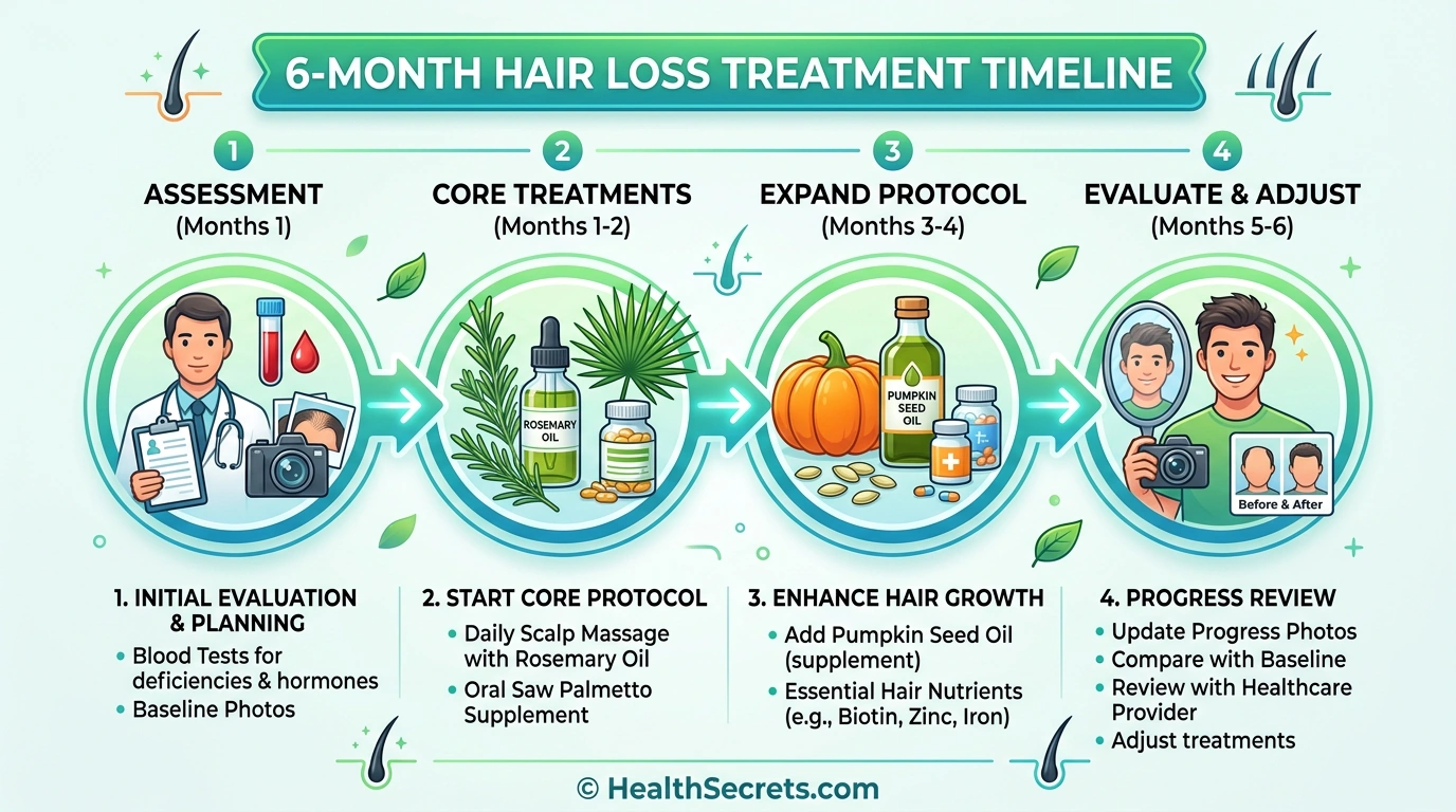 Six-month timeline infographic for natural hair loss treatment protocol with four phases