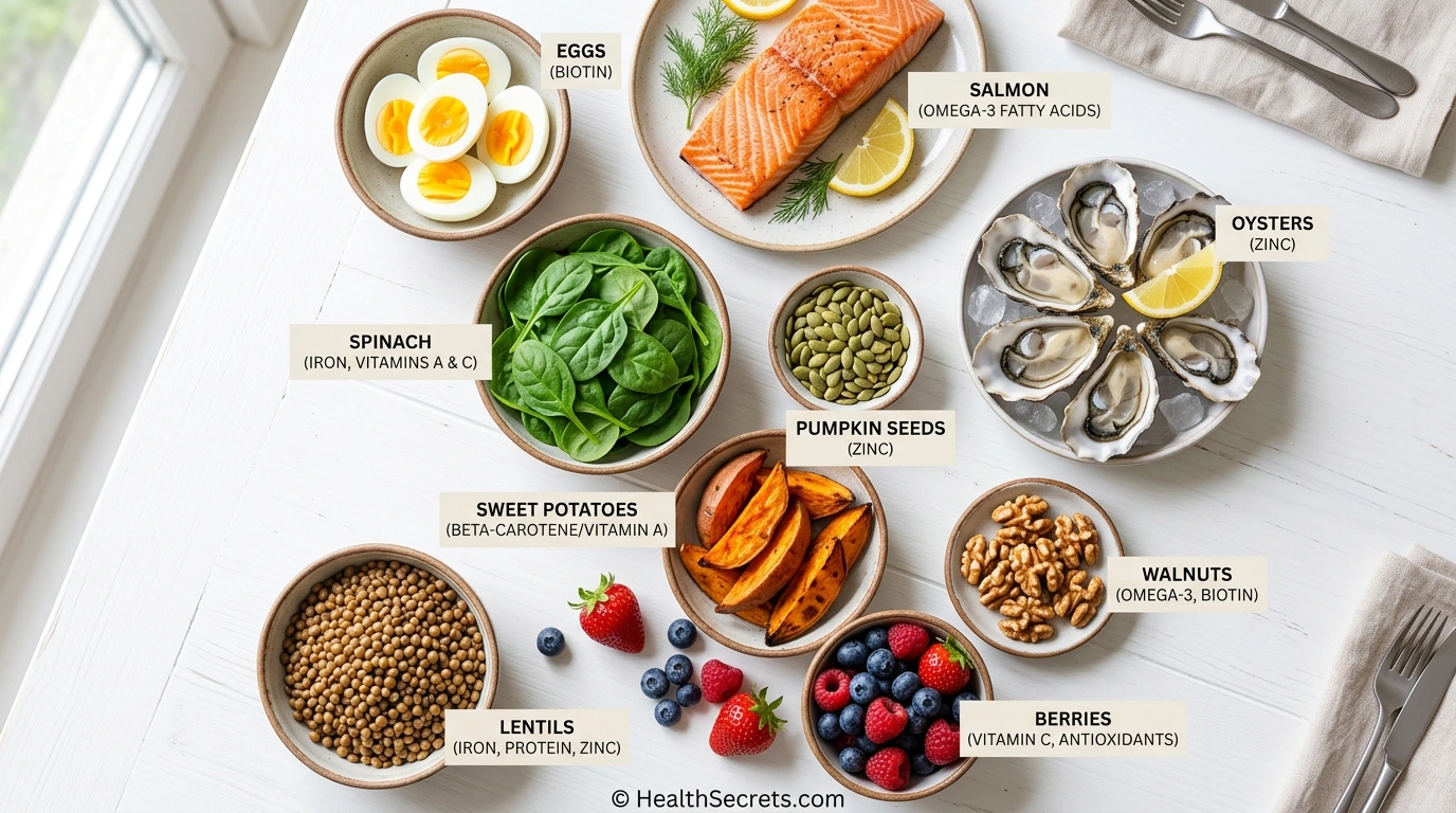 Hair growth supporting foods including eggs salmon spinach pumpkin seeds and nuts with nutrient labels