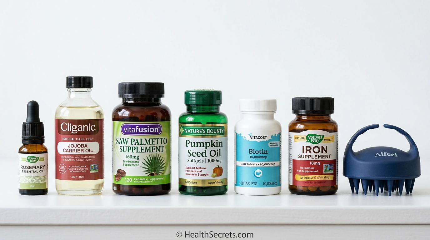 Recommended natural hair loss products including rosemary oil saw palmetto pumpkin seed oil biotin and scalp massager