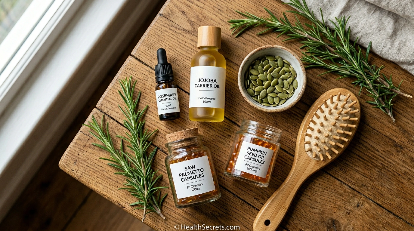 Natural remedies for hair loss flat lay including rosemary oil saw palmetto pumpkin seed oil and scalp massager