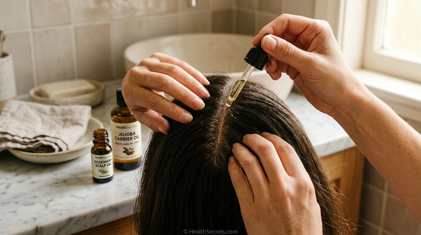Hands applying diluted rosemary essential oil to scalp for hair loss treatment
