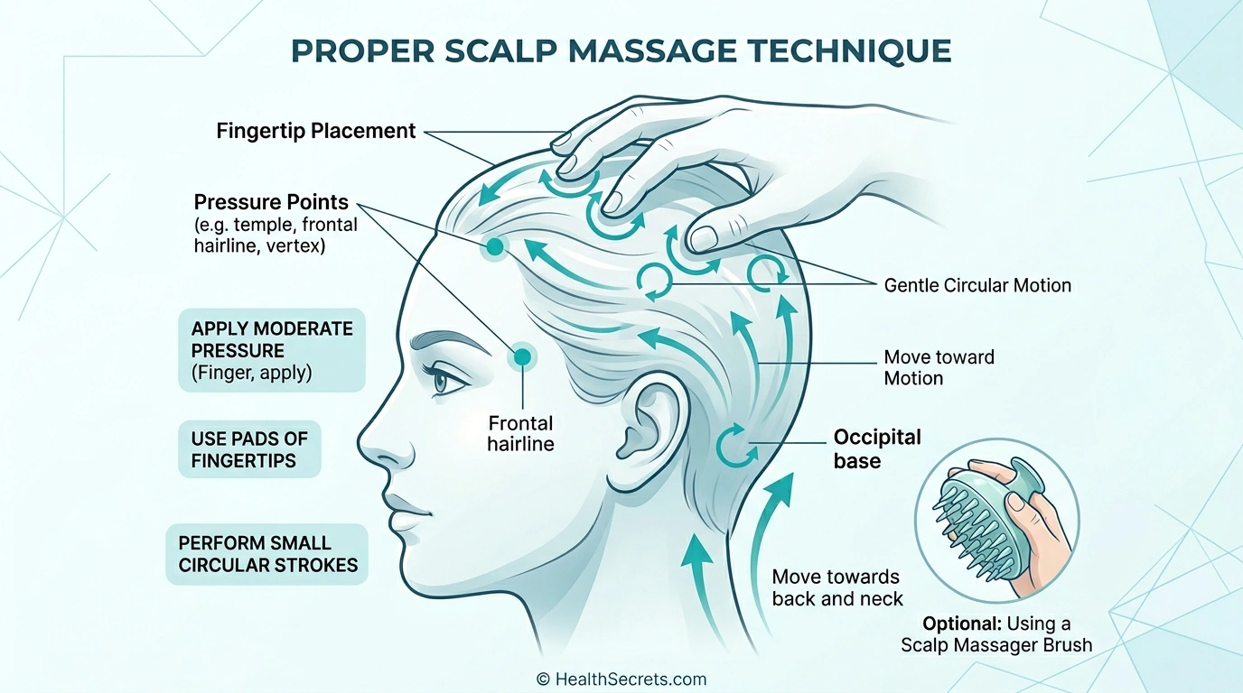 Illustrated guide showing proper scalp massage technique with fingertip placement and circular motions