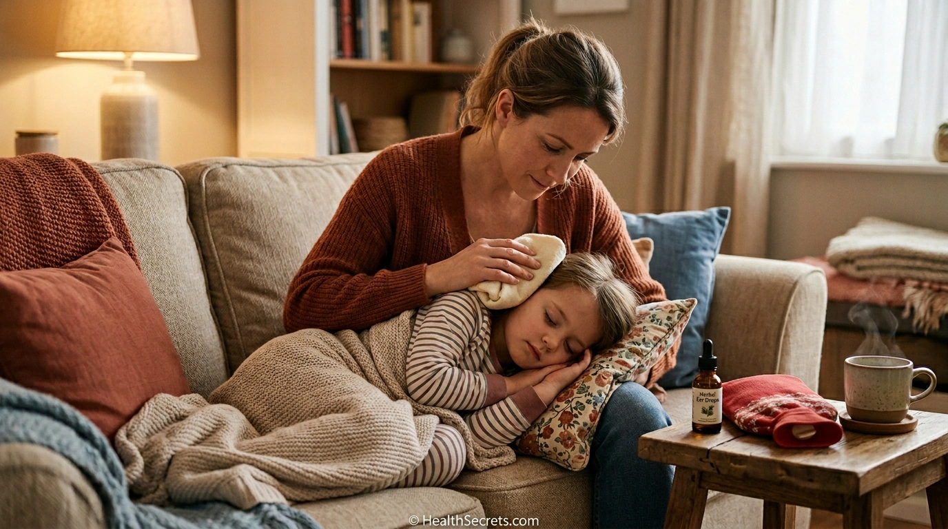 Parent applying warm compress to child's ear for natural ear infection pain relief