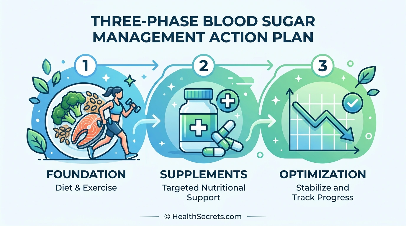 Three-phase action plan infographic for natural blood sugar management