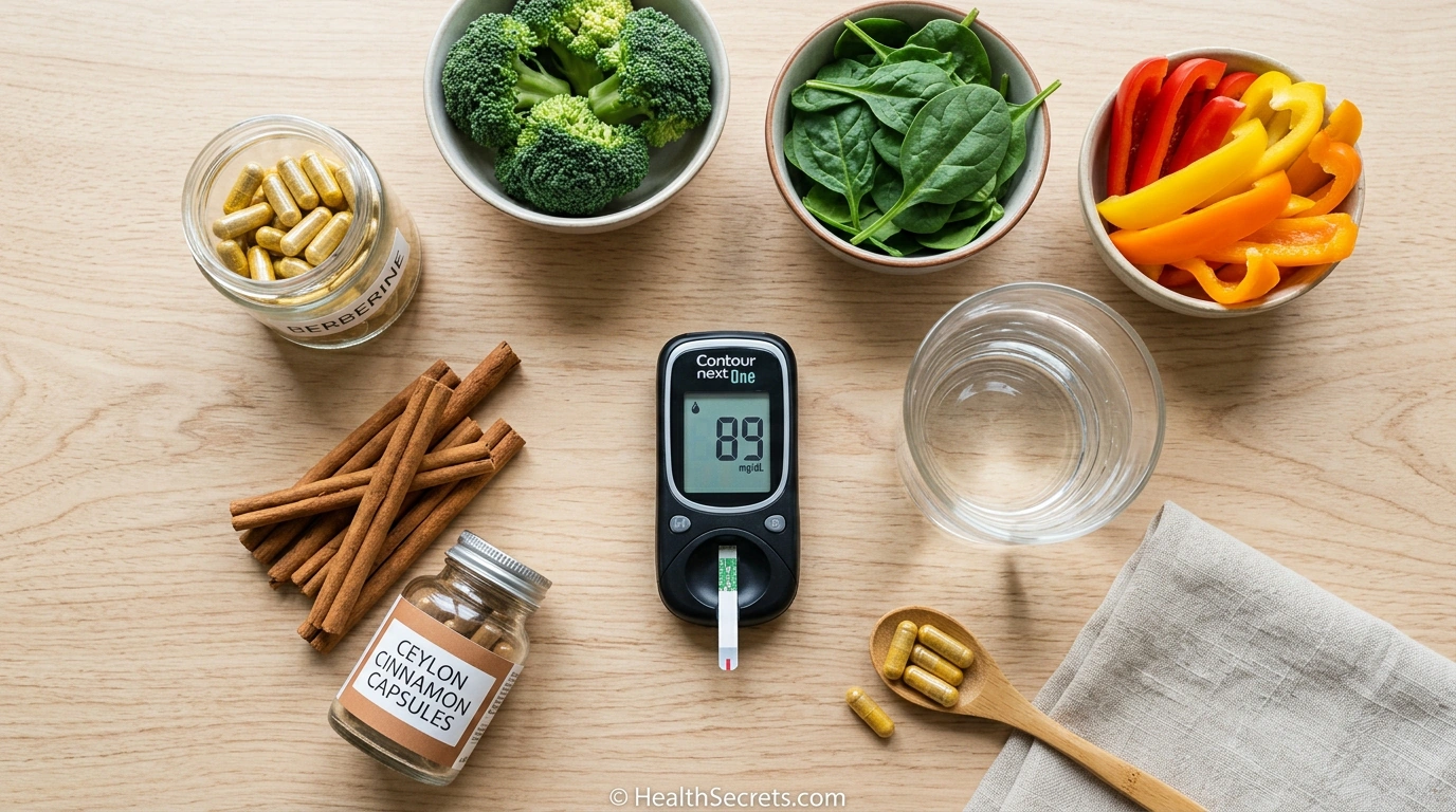 Blood glucose monitor with natural supplements and healthy foods for blood sugar management