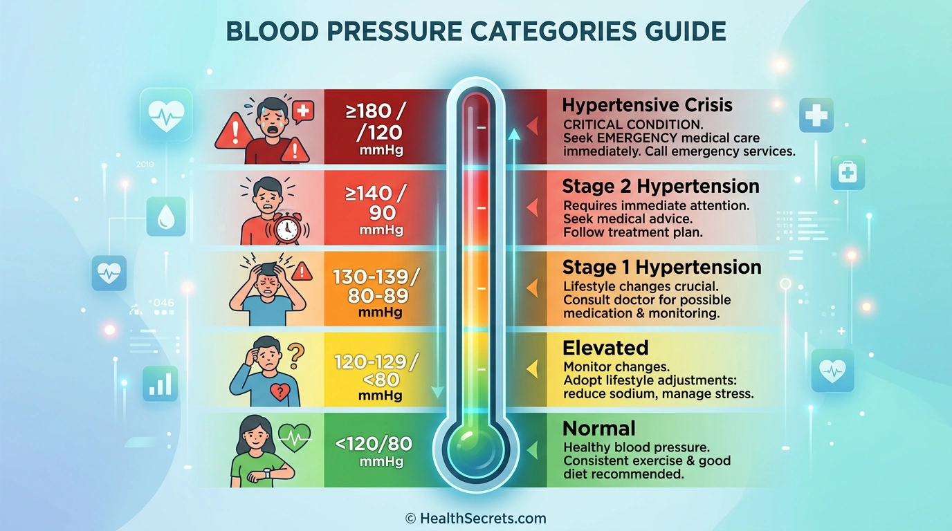 Blood pressure ranges chart showing normal, elevated, Stage 1 and Stage 2 hypertension, and hypertensive crisis levels