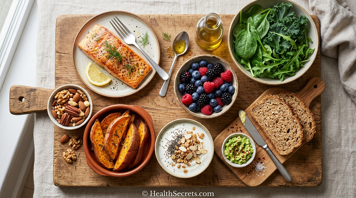 DASH diet foods for blood pressure management including fruits, vegetables, whole grains, lean protein, and healthy fats