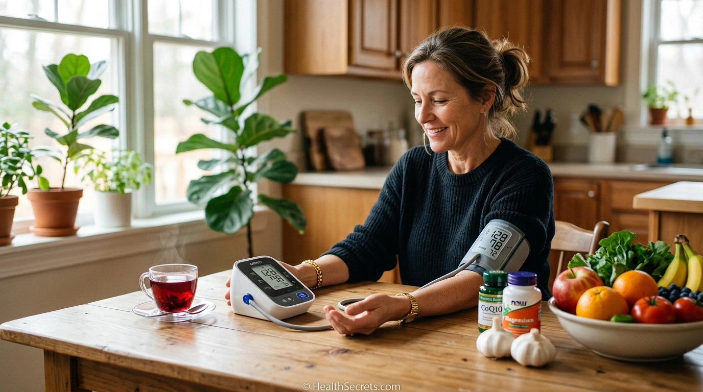 Natural remedies for high blood pressure including home monitoring, CoQ10, magnesium, garlic, and hibiscus tea