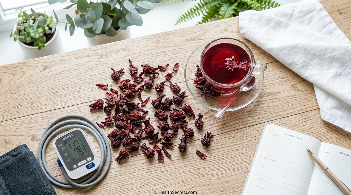 Hibiscus tea for blood pressure reduction served in a clear glass with dried hibiscus flowers