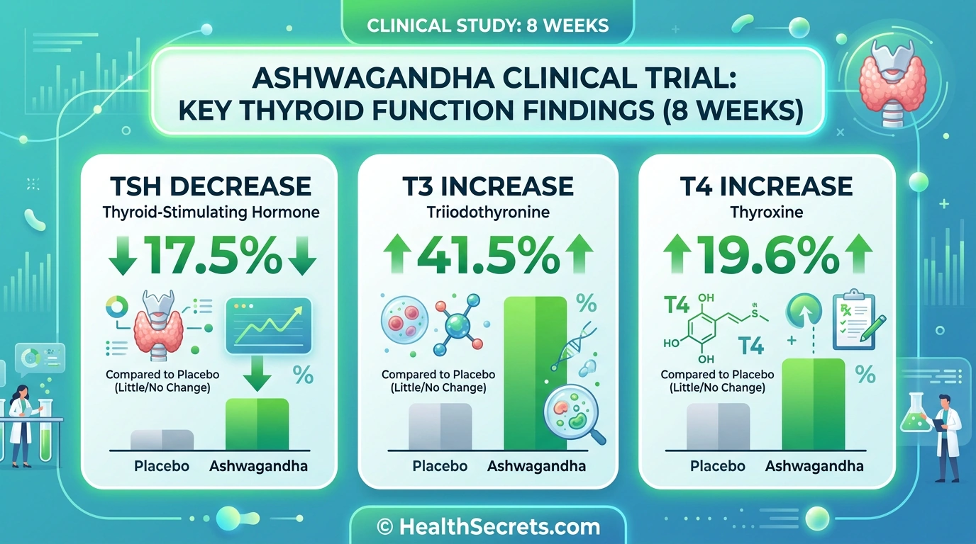 Clinical trial results showing ashwagandha root extract improved TSH, T3, and T4 levels in subclinical hypothyroid patients