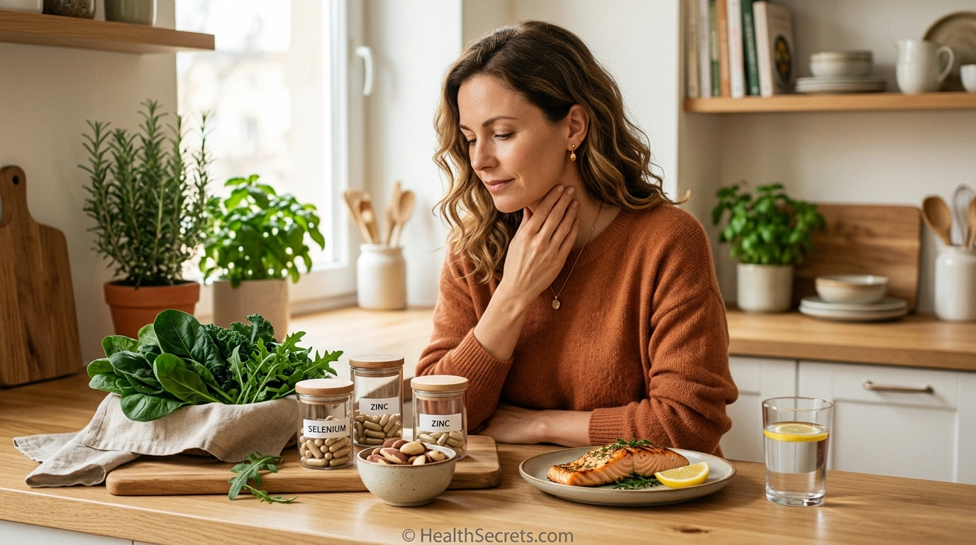 Natural remedies for hypothyroidism including selenium supplements, zinc, and thyroid-supporting foods arranged on a kitchen counter