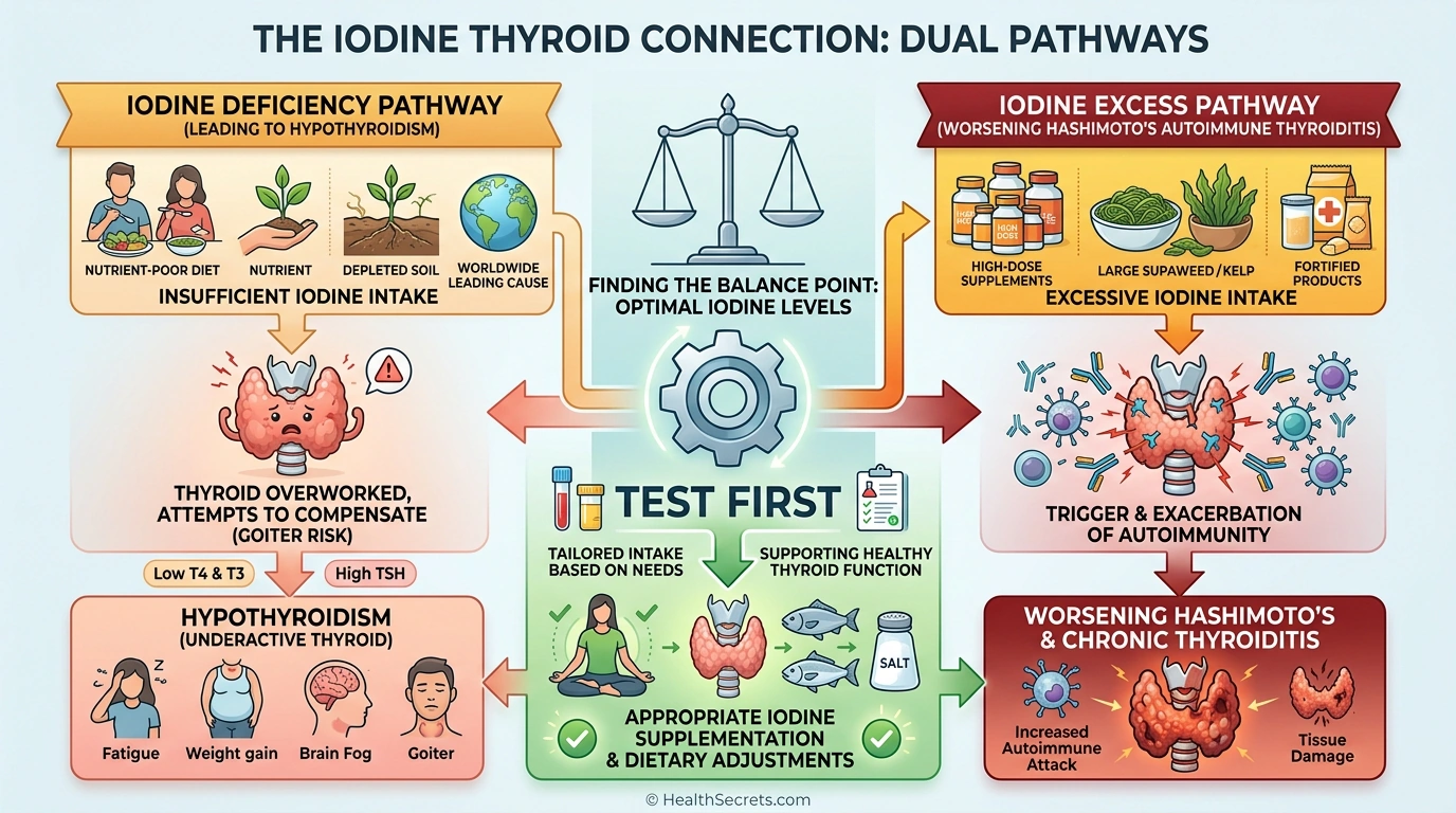 Infographic comparing iodine deficiency hypothyroidism versus excess iodine worsening Hashimoto's autoimmune thyroiditis