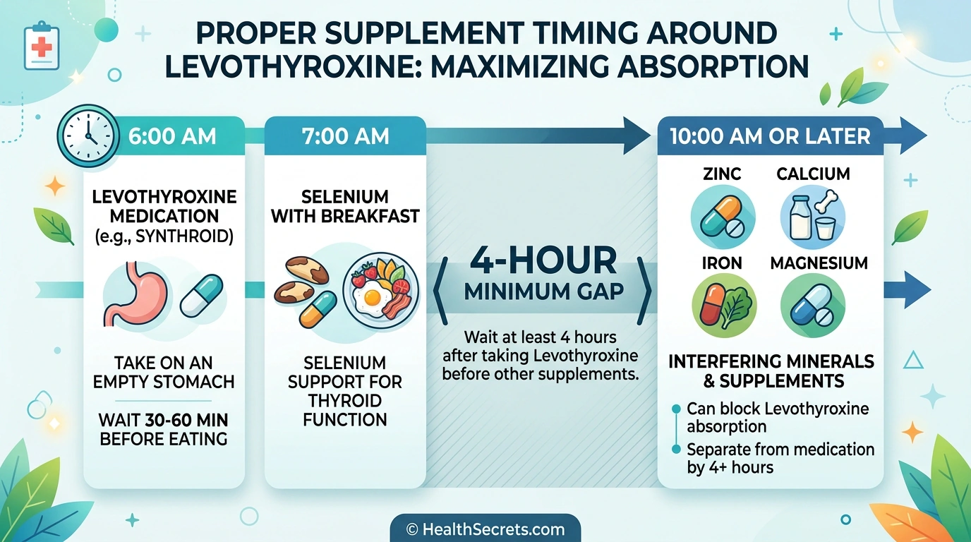 Supplement timing guide showing 4-hour gap between levothyroxine and mineral supplements for proper absorption