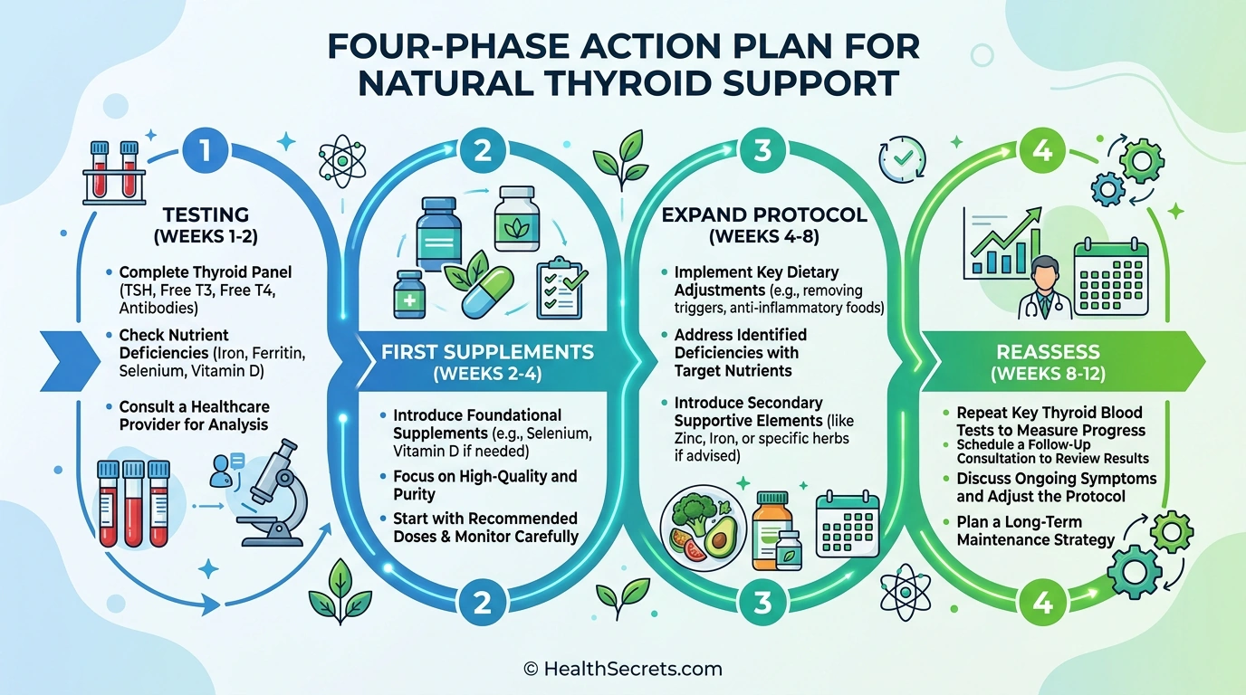 Four-phase action plan for natural thyroid support showing testing, supplements, protocol expansion, and reassessment timeline