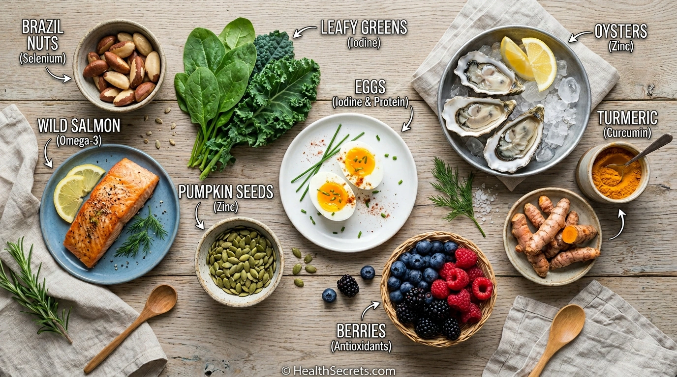 Thyroid-supporting foods including Brazil nuts, salmon, pumpkin seeds, and leafy greens rich in selenium, zinc, and omega-3