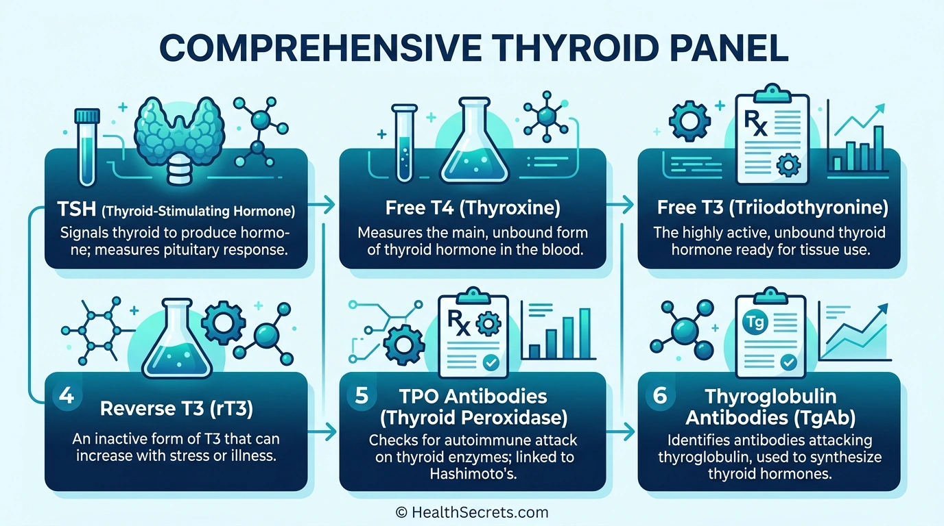 Comprehensive thyroid testing panel infographic showing TSH, free T4, free T3, reverse T3, and thyroid antibody tests