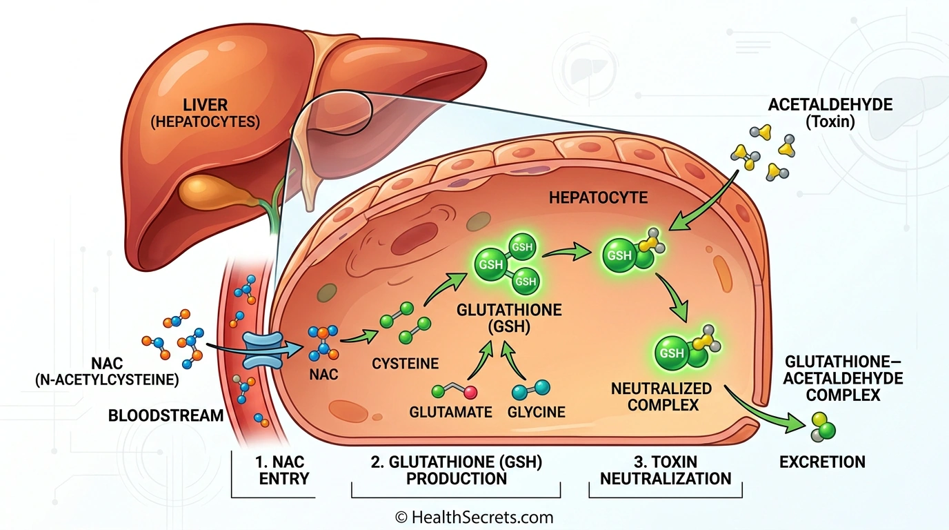 Medical illustration showing how NAC supports glutathione production in the liver to neutralize acetaldehyde from alcohol metabolism