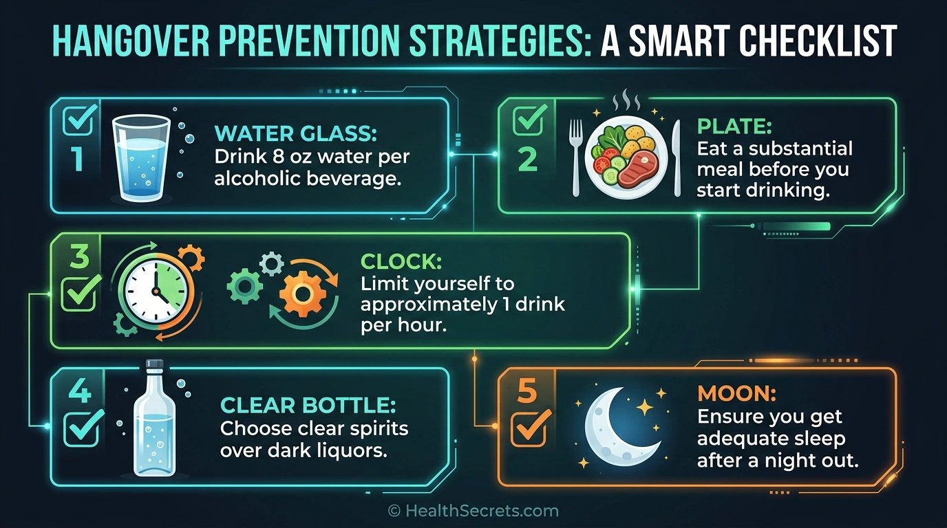 Infographic showing five hangover prevention strategies: hydrate, eat, pace drinks, choose clear spirits, and sleep well
