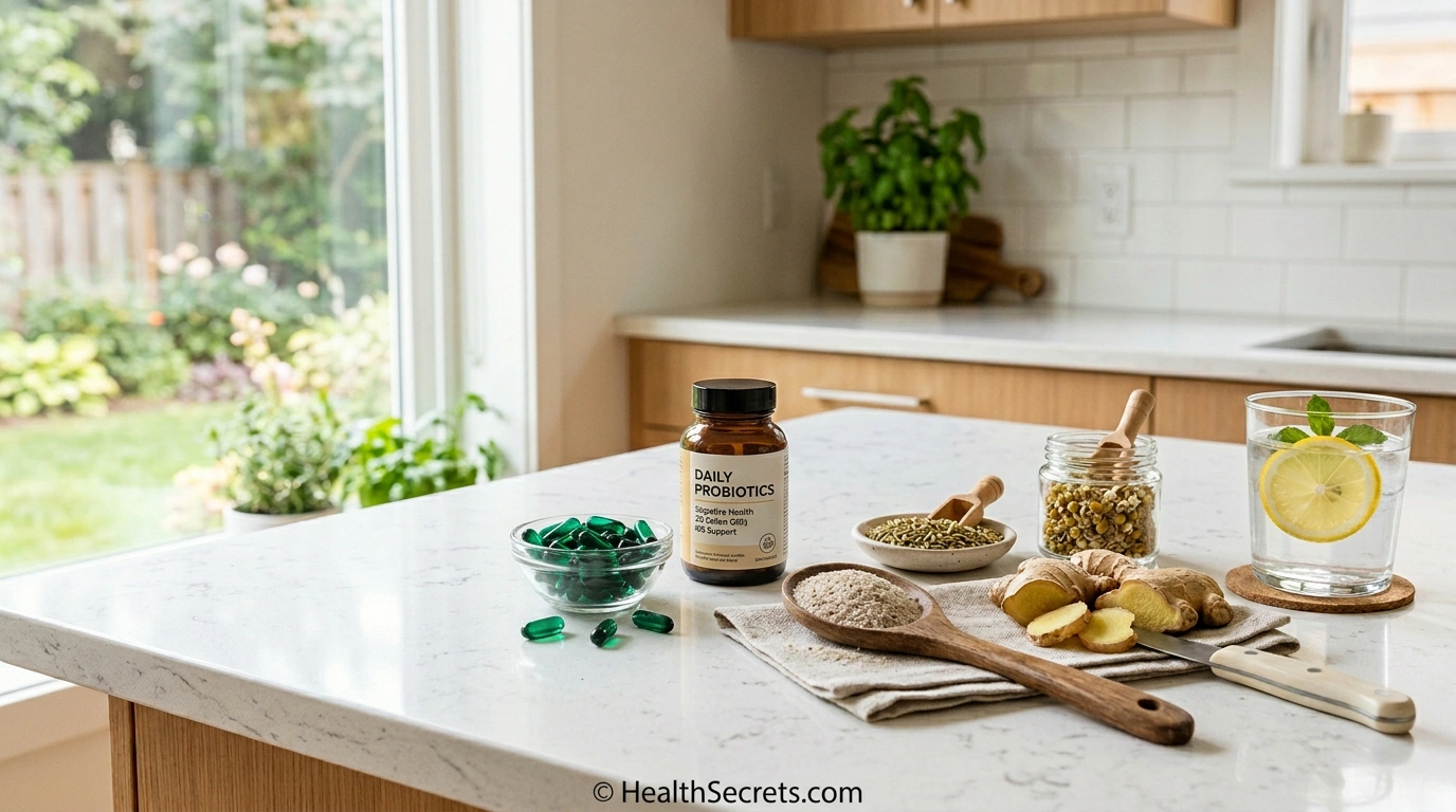 Natural remedies for IBS including peppermint oil capsules, probiotics, psyllium husk, ginger, fennel, and chamomile arranged on a kitchen counter