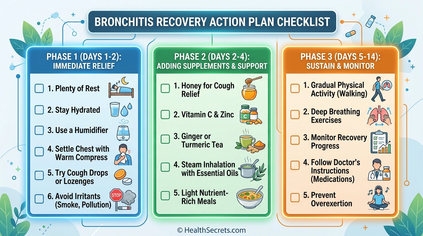 Three-phase bronchitis recovery action plan showing immediate relief, supplement addition, and sustained recovery steps