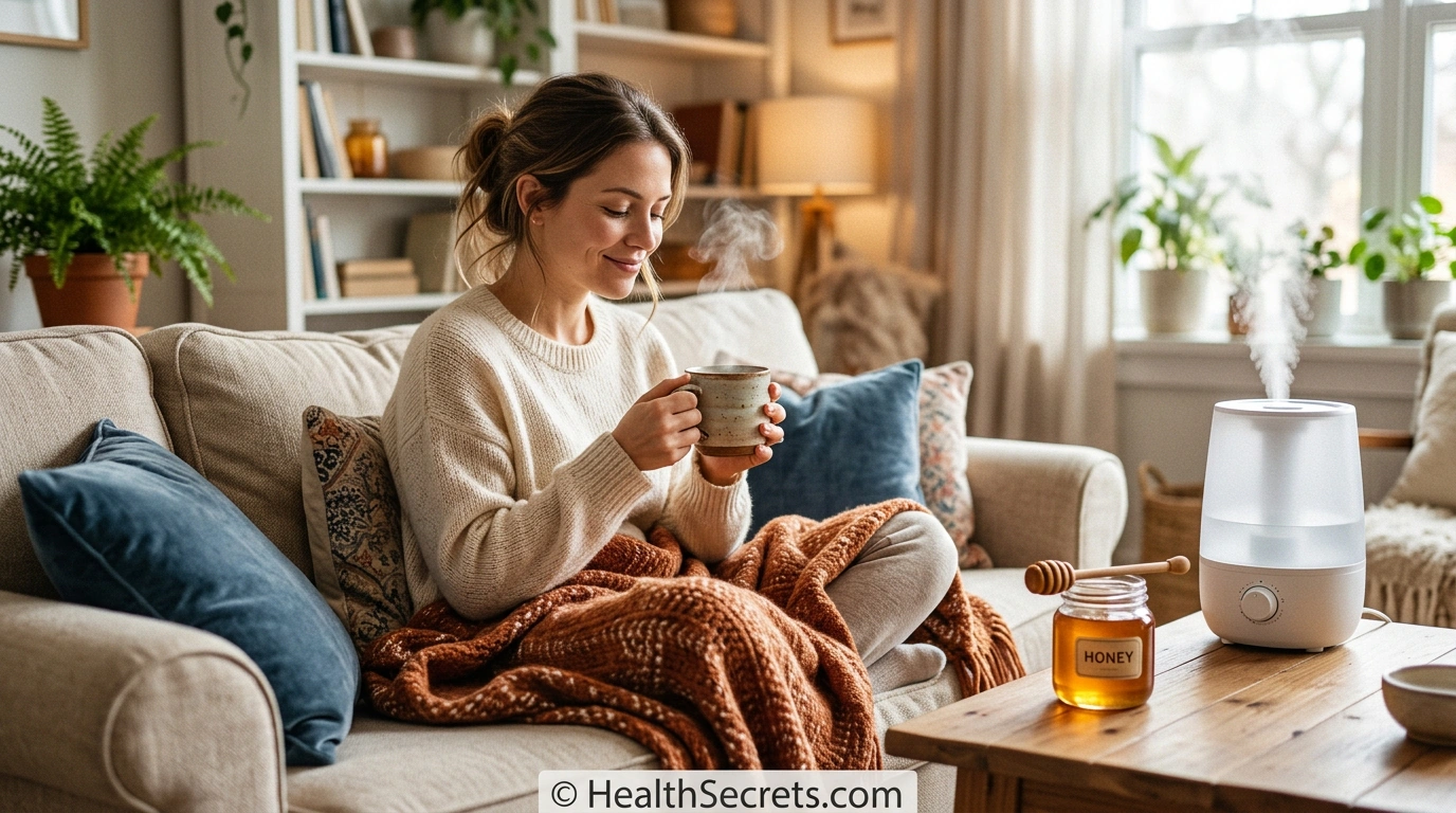 Person recovering from bronchitis at home with herbal tea, honey, and a humidifier for natural respiratory relief