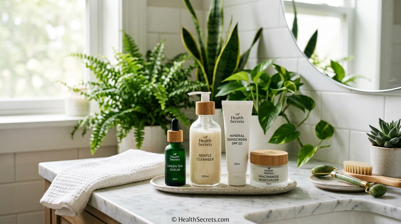 Natural remedies for rosacea skincare products including niacinamide serum azelaic acid and mineral sunscreen