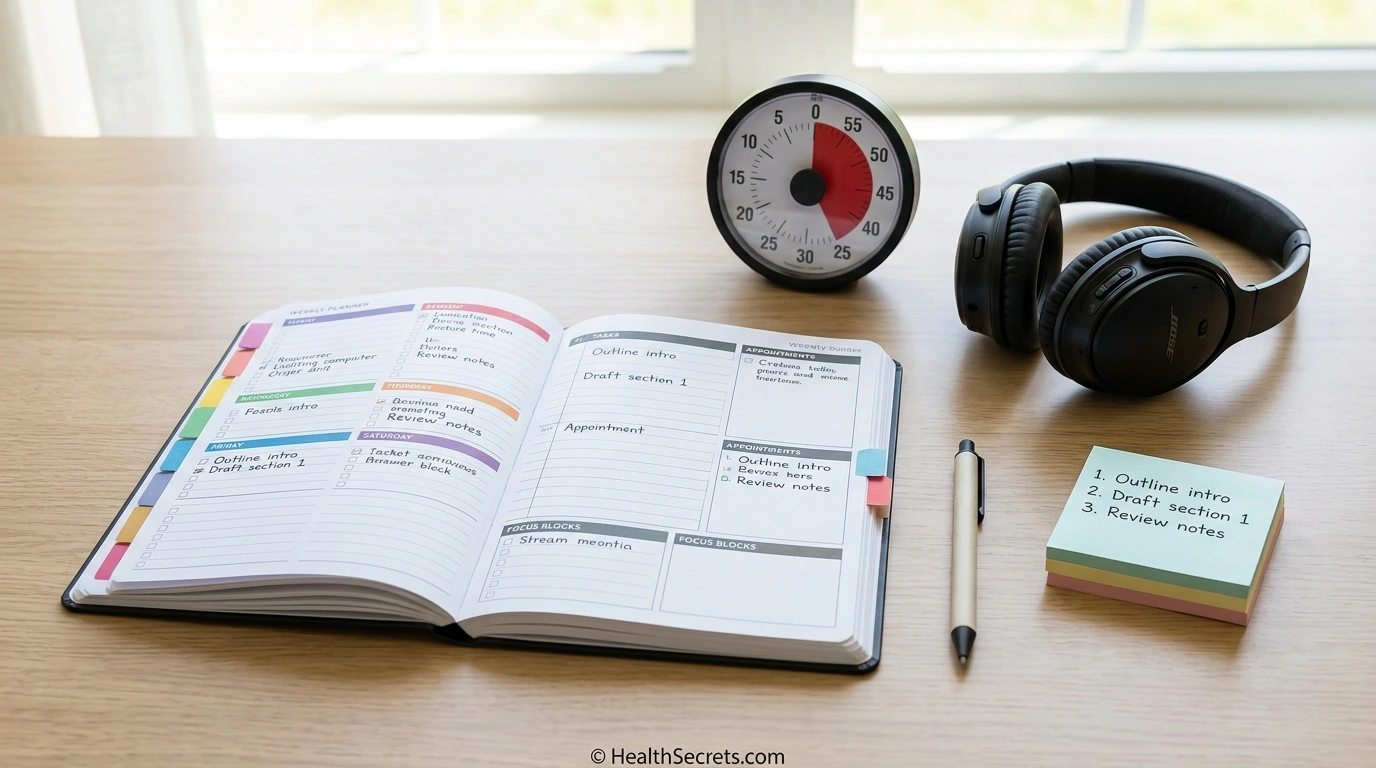 ADHD-friendly organized workspace with planner, timer, noise-canceling headphones, and task breakdown system
