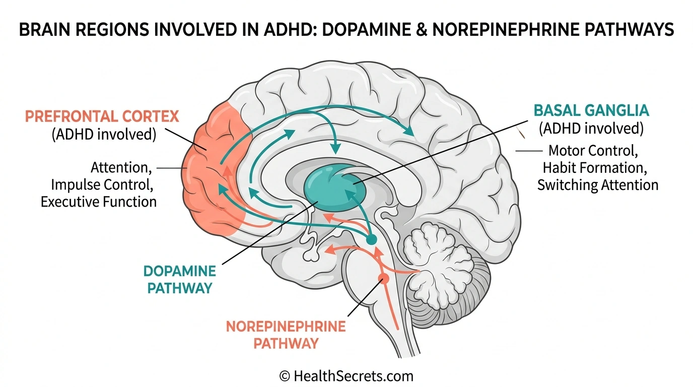 Educational diagram of brain regions and neurotransmitter pathways affected by ADHD including prefrontal cortex and dopamine systems