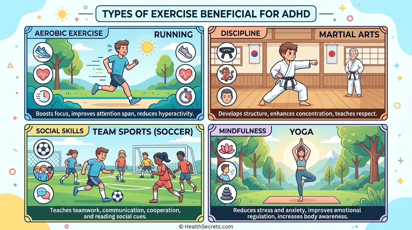 Four types of exercise that improve ADHD symptoms: aerobic exercise, martial arts, team sports, and yoga