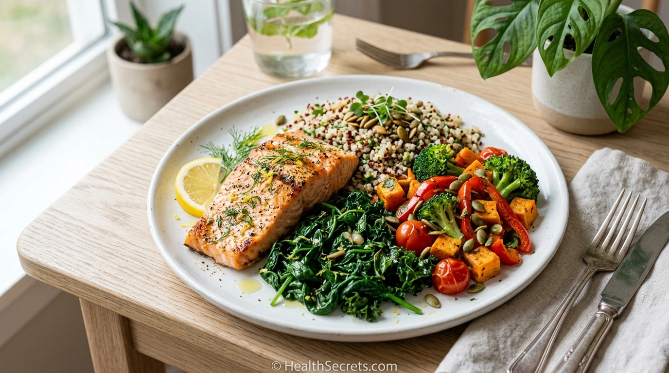 ADHD-optimized meal plate featuring salmon for omega-3, leafy greens for magnesium, and pumpkin seeds for zinc