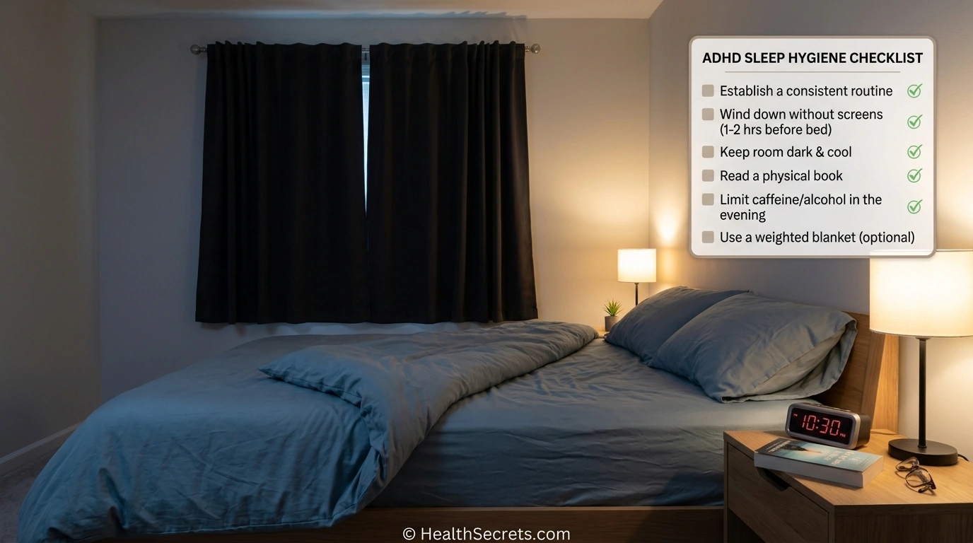 Bedroom optimized for ADHD sleep hygiene with blackout curtains, consistent bedtime routine, and screen-free environment